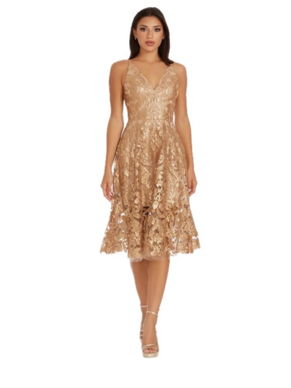 New Dress the Population Blair Midi Dress Gold/Nude Sz L